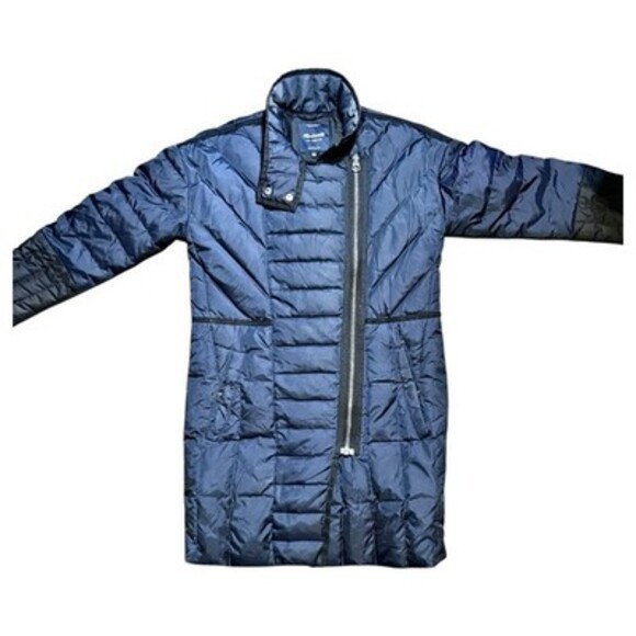 Madewell Womens XS Quilted Down Puffer Coat-Dark Navy & Black Asymmetrical Zip - Picture 2 of 15
